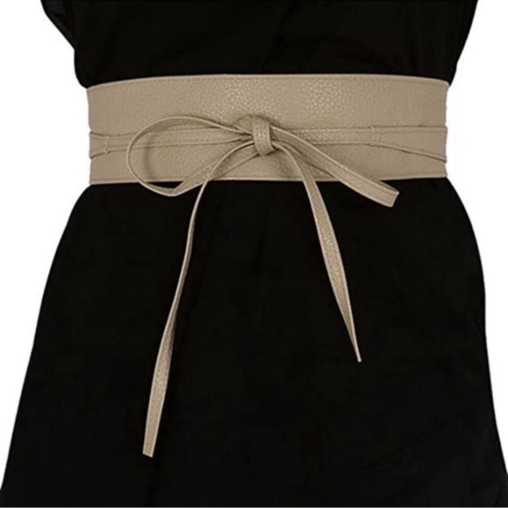 WOMEN Soft PU Leather Obi Belt Self Tie Beige